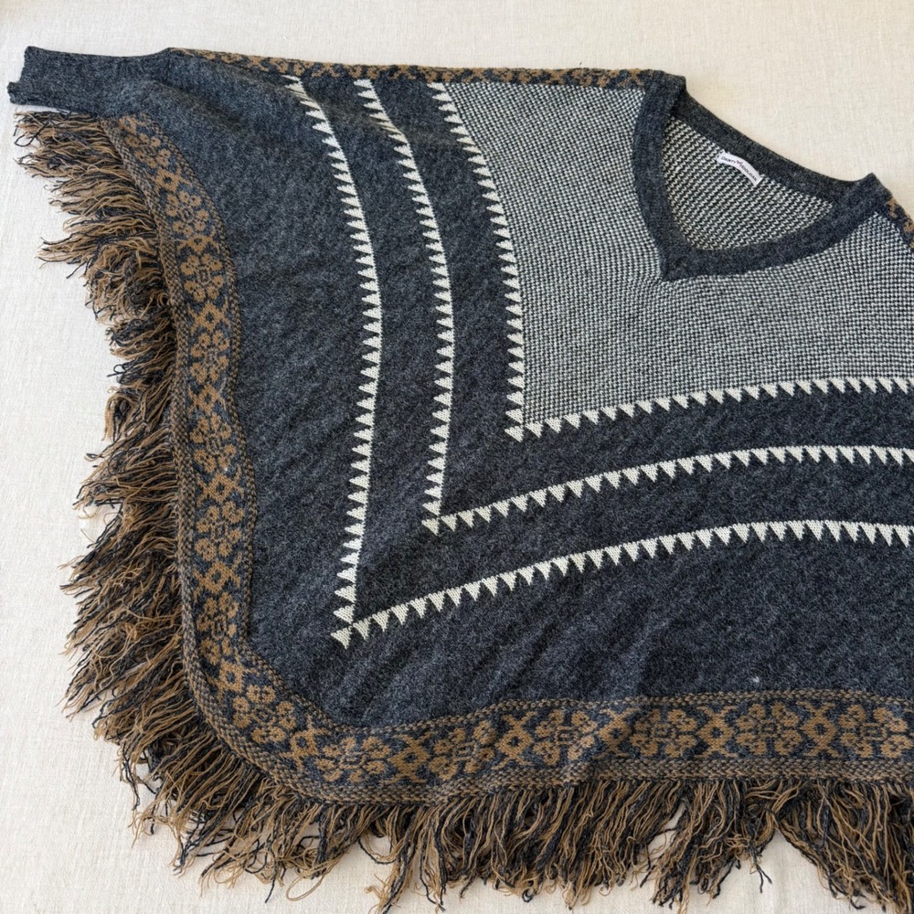 Dainty Hooligan Southwestern Knit Fringe Poncho Sweater Charcoal Gray Boho S/M - Picture 10 of 14